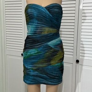 BCBGMaxAzria Strapless Ruched Teal and Navy Watercolor Mini Dress